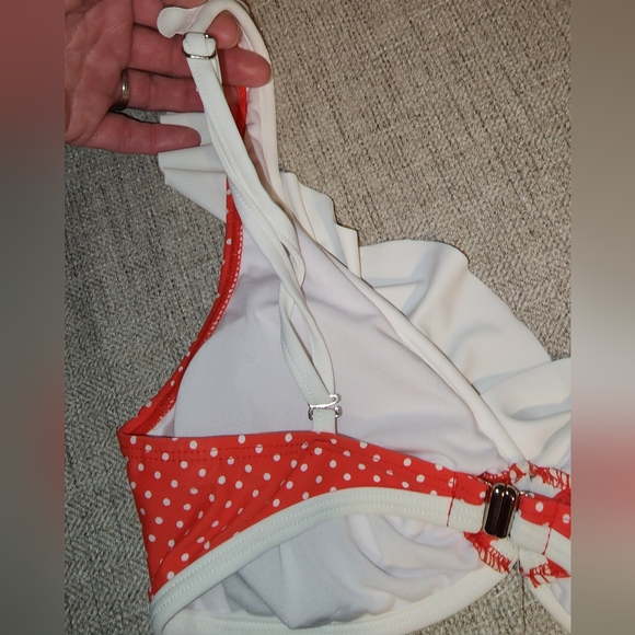 New Sheridyn Fisher Swimwear Bikini Top coral polka dot ruffle 11" across bottom - Picture 7 of 11